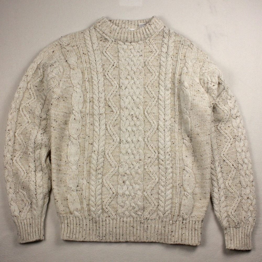 Vintage Oleg Cassini Cable Knit Sweater Mens XL Cream Flecked Fisherman Aran